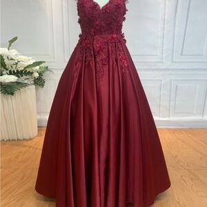 Chic Maroon cranberry red Floral Embellished Dress 12